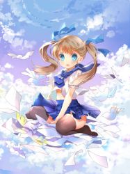 Rule 34 | 1girl, :o, black thighhighs, blue eyes, blue neckerchief, blue ribbon, blue skirt, blush, cloud, cloudy sky, commentary request, day, hair ribbon, light brown hair, long hair, looking at viewer, looking to the side, mintchoco (orange shabette), neckerchief, no shoes, open mouth, origami, original, paper, pleated skirt, ribbon, school uniform, serafuku, shirt, short sleeves, sitting, skirt, sky, solo, thighhighs, twintails, white shirt, wind, wind lift