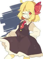 Rule 34 | 1girl, bad id, bad twitter id, bespectacled, blonde hair, daizu (melon-lemon), glasses, hair ribbon, highres, necktie, one eye closed, red eyes, red necktie, ribbon, rumia, short hair, skirt, smile, solo, star (symbol), tongue, tongue out, touhou
