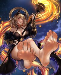 Rule 34 | 1girl, absurdres, barefoot, between breasts, blush, breasts, bridal gauntlets, brown hair, cleavage, crossed ankles, feet, foot focus, granblue fantasy, hekate (granblue fantasy), highres, holding, holding staff, large breasts, long hair, looking at viewer, night, night sky, nikishiko, open mouth, orange eyes, parted lips, sky, smile, soles, solo, staff, star (sky), star (symbol), toenails, toes