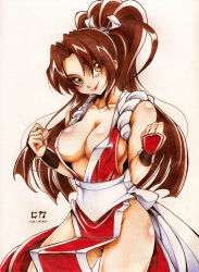 Rule 34 | 1girl, breasts, brown hair, cleavage, fatal fury, highres, hika-unik, large breasts, lipstick, makeup, pelvic curtain, ponytail, scan, shiranui mai, snk, solo, the king of fighters, traditional media