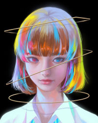 Rule 34 | 1girl, black background, blonde hair, blue eyes, blue hair, blunt bangs, bob cut, brown hair, close-up, closed mouth, collared shirt, commentary, heterochromia, highres, hime cut, lips, looking at viewer, multicolored hair, original, pink eyes, pink hair, pink lips, portrait, shirt, short hair, simple background, solo, streaked hair, wataboku, white shirt