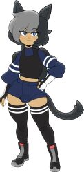 Rule 34 | 1boy, :3, androgynous, animal ears, black hair, blue eyes, bulge, cat boy, cat ears, cat tail, full body, highres, low ponytail, mikey (mikeyuk), multicolored hair, naughty face, original, ponytail, short shorts, shorts, solo, tail, thighhighs, trap, two-tone hair, wide hips