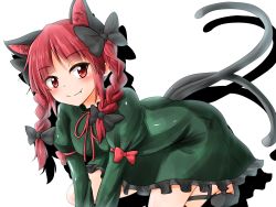 Rule 34 | 1girl, :3, all fours, animal ears, blush, bow, braid, cat ears, cat tail, dress, drop shadow, fang, fang out, green dress, hair bow, heart, heart tail, highres, kaenbyou rin, looking at viewer, multiple tails, nekomata, oshiaki, red eyes, red hair, smile, solo, tail, touhou, twin braids, two tails
