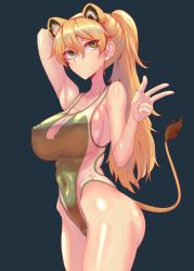Rule 34 | 1girl, animal ears, arm behind head, ass, bare shoulders, blue background, blush, breasts, cameltoe, cleavage, commentary, covered erect nipples, covered navel, english commentary, erica (naze1940), green eyes, hair between eyes, highres, large breasts, lion ears, lion girl, lion tail, long hair, one-piece swimsuit, original, ponytail, simple background, solo, standing, swimsuit, tail, w