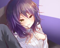 Rule 34 | 1girl, alternate costume, casual, closed mouth, gina (gnosia), gnosia, hair between eyes, heterochromia, long sleeves, looking at viewer, medium hair, purple hair, rocomani, shirt, simple background, sitting, smile, solo, wavy hair