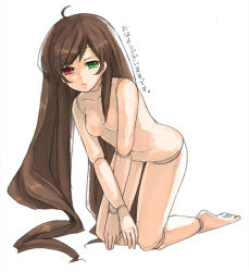 Rule 34 | 00s, 1girl, all fours, barefoot, breasts, doll joints, female focus, full body, heterochromia, joints, long hair, loo, lowres, nude, rozen maiden, simple background, solo, suiseiseki, translation request, very long hair, white background