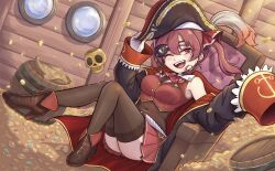 Rule 34 | 1girl, anchor symbol, arrow through heart, ass, barrel, black thighhighs, breasts, butter spoon, chair, coin, commentary request, covered navel, dokuro-kun (houshou marine), eyepatch, eyepatch lift, gold, gold coin, hat, hat tip, high heels, highres, hololive, houshou marine, map, medium breasts, miniskirt, muffin top, one eye closed, open mouth, pirate hat, pleated skirt, red eyes, red hair, red skirt, red vest, sitting, skirt, sleeves past fingers, sleeves past wrists, smile, solo, thighhighs, twintails, vest, virtual youtuber