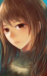 Rule 34 | 1girl, brown eyes, brown hair, close-up, commentary request, eye focus, head tilt, lips, long hair, looking at viewer, original, parted lips, portrait, sakimori (hououbds), solo, turtleneck