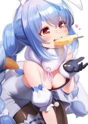 Rule 34 | 1girl, absurdres, animal ears, black gloves, blue hair, blush, braid, breasts, brown pantyhose, carrot hair ornament, commentary request, cowboy shot, detached sleeves, don-chan (usada pekora), dress, food, food-themed hair ornament, food in mouth, food on clothes, food on face, fur scarf, gloves, hair between eyes, hair ornament, heart, highres, hololive, leaning forward, looking at viewer, medium breasts, mouth hold, open mouth, pantyhose, popsicle, puffy short sleeves, puffy sleeves, rabbit ears, rabbit girl, rabbit tail, red eyes, shien (tatunokoshien00), short eyebrows, short sleeves, simple background, solo, teeth, thick eyebrows, twin braids, twintails, usada pekora, usada pekora (1st costume), virtual youtuber, white background, white dress