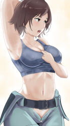 Rule 34 | 1girl, arm behind head, arm up, armpits, belt, blush, bra tug, breasts, brown eyes, brown hair, cleavage, collarbone, covered erect nipples, highres, kazama asuka, large breasts, looking to the side, navel, notactualbread, open mouth, parted bangs, short hair, simple background, sports bra, steam, steaming body, stomach, sweat, tekken, unzipped, zipper