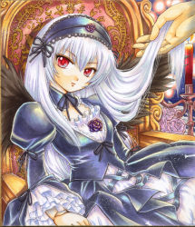 Rule 34 | 00s, 1girl, armchair, bad id, bad pixiv id, chair, frills, hairband, long hair, pemoko, red eyes, rozen maiden, sitting, solo focus, suigintou, traditional media, white hair, wings