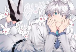 Rule 34 | 1boy, animal, animal ears, ass zipper, belt, blouse, blue bow, blue bowtie, blue eyes, blue shirt, bow, bowtie, closed mouth, collared shirt, colored eyelashes, commentary request, english text, gojou satoru, guuchun, hair between eyes, hands on own cheeks, hands on own face, head rest, highres, jacket, jujutsu kaisen, long sleeves, looking at viewer, lying, male focus, on stomach, one eye closed, pants, rabbit, rabbit ears, rabbit tail, shirt, shoes, short hair, smile, solo, tail, the pose, too many, too many rabbits, white hair, white jacket, white pants, zipper