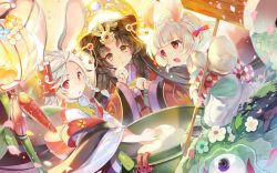 Rule 34 | 3girls, animal ears, black hair, blue flower, blurry, blurry background, blush, braid, brown eyes, carrot, copyright request, depth of field, eyeball, fingernails, flower, food, hair ornament, highres, holding, holding food, japanese clothes, kimono, kine, long hair, long sleeves, looking at viewer, mallet, mochi, mortar (bowl), multiple girls, nail polish, obi, open mouth, parted lips, petals, purple eyes, rabbit ears, red eyes, red kimono, red nails, sash, short eyebrows, sibyl, silver hair, teeth, thick eyebrows, upper teeth only, very long hair, wagashi, white flower, white kimono, wide sleeves, yellow flower