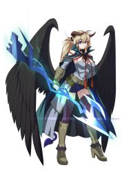 Rule 34 | 1girl, blonde hair, blue eyes, breasts, cape, chain, cleavage, collar, demon girl, feathered wings, full body, highres, horns, large breasts, long hair, maritan (pixelmaritan), original, pointy ears, ponytail, solo, demon girl, tail, thighhighs, transparent background, weapon, wings