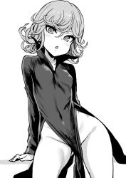 Rule 34 | 1girl, arm support, asanagi, breasts, contrapposto, covered navel, cowboy shot, curly hair, dress, gluteal fold, greyscale, hair between eyes, highres, looking at viewer, medium hair, monochrome, no panties, one-punch man, open mouth, pelvic curtain, side slit, small breasts, solo, standing, tatsumaki, thighs, tsurime