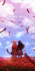 Rule 34 | 2girls, black hair, blonde hair, blue dress, blue sky, bob cut, chromatic aberration, cloud, commentary request, copyright name, dress, falling petals, field, floating hair, flower, flower field, from behind, grey dress, hair ribbon, highres, holding hands, inoue takina, long sleeves, lycoris recoil, lycoris uniform, motion blur, multiple girls, nishikigi chisato, nndm ak, one side up, outdoors, partial commentary, petals, pleated dress, red dress, red ribbon, ribbon, short hair, sky, spider lily, standing, two-tone dress, yuri