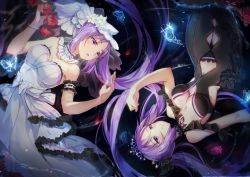 Rule 34 | 2girls, alternate breast size, artist request, bow, breasts, bug, butterfly, cleavage, dress, euryale (fate), fate/grand order, fate/hollow ataraxia, fate (series), flower, bug, large breasts, long hair, multiple girls, on back, purple eyes, purple hair, rose, siblings, sisters, stheno (fate), tagme, tiara, twins