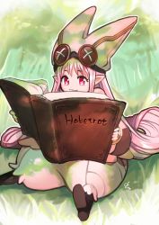 Rule 34 | 1girl, asakou (n morninglight), baggy pants, book, brown footwear, character name, closed mouth, commentary request, fate/grand order, fate (series), grass, habetrot (fate), hat, highres, holding, holding book, long hair, n morninglight, outdoors, pants, pink hair, pink hat, pointy ears, reading, red eyes, sidelocks, signature, sitting, solo, very long hair