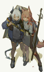 Rule 34 | 2girls, absurdres, animal ears, arknights, arm around shoulder, blood, blood from mouth, blood on face, blue jacket, brown hair, bruise, curtch, dragon girl, dragon horns, fox ears, fox girl, fox tail, franka (arknights), gloves, grey shirt, highres, horns, injury, jacket, liskarm (arknights), long hair, miniskirt, multiple girls, name tag, open clothes, open jacket, orange eyes, ponytail, shadow, sheath, sheathed, shield, shield on back, shirt, skirt, smile, tail, thighhighs, watch, white background, white hair, wristwatch, yellow eyes