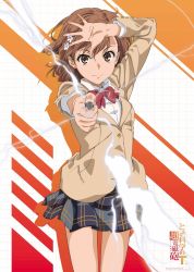 Rule 34 | 1girl, aiming, arm up, bow, bowtie, breasts, brown eyes, brown hair, brown jacket, buttons, closed mouth, coin, copyright name, cover, cover page, cowboy shot, dengeki g&#039;s, dress shirt, electricity, electrokinesis, eyes visible through hair, fantasy, feet out of frame, flower, flower hair ornament, flower on head, foreshortening, grey skirt, grid background, hair between eyes, hair flower, hair ornament, hairclip, hand on own head, hand up, hands up, highres, holding, holding coin, incoming attack, jacket, light brown jacket, light smile, long sleeve shirt, long sleeved jacket, long sleeves, looking at viewer, medium hair, miniskirt, misaka mikoto, bowtie, official art, orange background, outstretched arm, plaid, plaid skirt, pleated skirt, psychic, railgun, red bow, red bowtie, scan, school uniform, science fiction, shibukawa daisuke, shirt, short hair, skirt, small breasts, smile, solo, standing, striped, striped background, t-shirt, thighs, toaru kagaku no railgun, toaru majutsu no index, translated, white background, white flower, white shirt