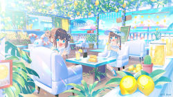 Rule 34 | 2girls, :d, armchair, bare shoulders, beach, beach umbrella, bendy straw, blue bow, blue eyes, blue footwear, blue sky, blunt bangs, blush, bow, braid, brown hair, chair, cloud, collarbone, commentary request, cup, day, double bun, dress, drinking glass, drinking straw, food, food request, frilled dress, frills, fruit, hair between eyes, hair bun, hat, hat bow, highres, holding, holding cup, horizon, ikari (aor3507), indoors, lemon, lifebuoy, multiple girls, ocean, off-shoulder dress, off shoulder, on chair, open mouth, original, plant, potted plant, sand, shoes, sitting, sky, smile, sun hat, swim ring, table, twin braids, twintails, umbrella, white dress, white headwear