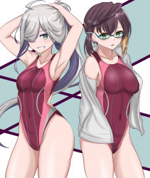 Rule 34 | 2girls, absurdres, ahoge, armpits, asashimo (kancolle), black hair, blue-framed eyewear, commentary request, competition swimsuit, covered navel, cowboy shot, glasses, gradient hair, green eyes, grey eyes, hair over one eye, highres, jacket, kantai collection, long hair, looking at viewer, multicolored clothes, multicolored hair, multicolored swimsuit, multiple girls, okinami (kancolle), one-piece swimsuit, open clothes, open jacket, pink hair, ponytail, presenting armpit, purple one-piece swimsuit, sharp teeth, short hair, swimsuit, teeth, tokiwa senkei, white jacket