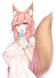 Rule 34 | 1girl, animal ears, blouse, blush, breasts, collarbone, fang, fate/grand order, fate (series), food, food in mouth, fox ears, fox tail, highres, ice, large breasts, long hair, no bra, pink hair, see-through, see-through silhouette, shirt, simple background, solo, tail, tamamo (fate), tamamo no mae (fate/extra), tamamo no mae (swimsuit lancer) (fate), tamamo no mae (swimsuit lancer) (second ascension) (fate), very long hair, wet, wet clothes, wet shirt, white background, white shirt, xiaobai (cheng pan), yellow eyes