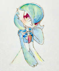 Rule 34 | 1girl, alternate color, blue hair, blue neckerchief, blue skin, blush, bob cut, butter (oshi8kyoumoh), closed mouth, colored skin, creatures (company), female focus, flat chest, game freak, gardevoir, gen 3 pokemon, green hair, green skin, hair between eyes, hand up, happy, head tilt, highres, looking at viewer, multicolored hair, multicolored skin, neckerchief, nintendo, painting (medium), pokemon, pokemon (creature), red eyes, shiny pokemon, short hair, simple background, smile, solo, traditional media, two-tone hair, watercolor (medium), white background, white skin