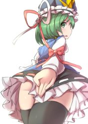 Rule 34 | 1girl, ass, black thighhighs, bow, covering ass, covering privates, frilled hat, frilled skirt, frills, from behind, fun bo, green eyes, green hair, hat, juliet sleeves, long sleeves, looking at viewer, looking back, open mouth, puffy sleeves, red bow, ribbon-trimmed skirt, ribbon trim, shiki eiki, short hair, simple background, skirt, solo, thighhighs, touhou, white background