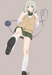 1girl :3 absurdres alternate_costume black_footwear blush bow bowtie cardigan commentary_request doubutsu_koujou full_body green_bow green_bowtie green_eyes green_skirt heart heart_of_string highres komeiji_koishi looking_at_viewer loose_socks panties school_uniform shirt short_hair simple_background skirt socks solo standing standing_on_one_leg third_eye touhou underwear white_panties white_shirt white_socks yellow_cardigan