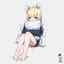 Rule 34 | 1girl, ahoge, animal ear fluff, animal ears, barefoot, bed sheet, black jacket, black shorts, blonde hair, blue eyes, blush, commentary request, covered mouth, fox ears, full body, grey background, highres, jacket, knees up, kuro-chan (kuro kosyou), kuro kosyou, long sleeves, looking at viewer, hugging object, original, pillow, pillow hug, short eyebrows, short shorts, shorts, sitting, sleeves past wrists, solo, thick eyebrows