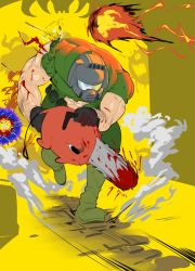 Rule 34 | abs, absurdres, belt, biceps, blood, bloody weapon, chainsaw, chainsaw man, clothing cutout, crossover, dankwoll, demon, doom (series), doomguy, energy ball, gloves, helmet, highres, muscular, muscular male, navel cutout, pochita (chainsaw man), running, utility belt, weapon
