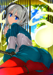 Rule 34 | 1girl, adapted costume, anklet, ass, black hairband, black ribbon, blue eyes, blush, closed mouth, colored eyelashes, commentary request, day, from behind, glint, hair ribbon, hairband, highres, hitodama, indoors, jewelry, konpaku youmu, konpaku youmu (ghost), leaning forward, long sleeves, looking at viewer, looking back, no shoes, pantyhose, red pantyhose, ribbon, sazanami mio, sheath, sheathed, short hair, silver hair, sitting, sleeves past wrists, solo, sword, touhou, two-tone dress, weapon