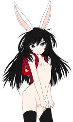 Rule 34 | 10s, 1girl, animal ears, backpack, bad id, bag, black hair, black thighhighs, blade &amp; soul, blue eyes, censored, heart, heart censor, highres, long hair, looking at viewer, nude, rabbit ears, rabbit tail, randoseru, rjehf, simple background, solo, tail, thighhighs, tsurime, white background