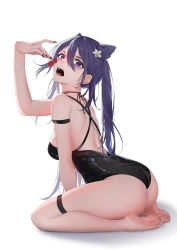 Rule 34 | 1girl, absurdres, alternate costume, arm strap, arm support, ass, bare arms, bare back, bare legs, bare shoulders, barefoot, black leotard, blush, breasts, cherry, cone hair bun, double bun, fingernails, flower, food, fruit, full body, genshin impact, hair between eyes, hair bun, hair flower, hair ornament, hand up, highres, holding, holding food, joehi, keqing (genshin impact), leotard, long fingernails, looking at viewer, medium breasts, open mouth, shiny clothes, simple background, sitting, soles, solo, teeth, thigh strap, toes, twintails, wariza, white background