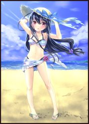 Rule 34 | 10s, 1girl, beach, bikini, black hair, blue sky, cloud, day, hat, hatsushimo (kancolle), kantai collection, kyougoku touya, long hair, low-tied long hair, open mouth, outdoors, red eyes, sand, sandals, sky, smile, solo, sun hat, swimsuit, water