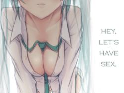 Rule 34 | 00s, 1girl, aqua hair, between breasts, breasts, cleavage, downblouse, dress shirt, hard-translated, hatsune miku, head out of frame, irigoma (jikabi baisen), kujira-kousen, large breasts, leaning forward, long hair, necktie, necktie between breasts, no bra, no panties, open clothes, open shirt, shirt, simple background, solo, sounds good, third-party edit, translated, vocaloid, white background