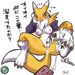 Rule 34 | 1girl, animal ears, black sclera, blue eyes, blush, breasts, bridal gauntlets, closed mouth, colored sclera, cum on body, cum on feet, digimon, digimon (creature), female focus, fox tail, furry, furry female, gloves, highres, looking down, medium breasts, navel, no humans, nude, purple gloves, pussy, renamon, signature, simple background, solo, spread legs, tail, text focus, uncensored, yin yang