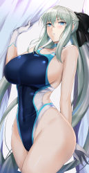 Rule 34 | 1girl, black bow, blue eyes, blue one-piece swimsuit, bow, braid, breasts, competition swimsuit, covered navel, fate/grand order, fate (series), french braid, gloves, grey hair, hair bow, highleg, highleg swimsuit, kumakichi (cost-lost), large breasts, long hair, looking at viewer, morgan le fay (fate), one-piece swimsuit, ponytail, sideboob, sidelocks, swimsuit, thighs, two-tone swimsuit, very long hair, white gloves, white one-piece swimsuit