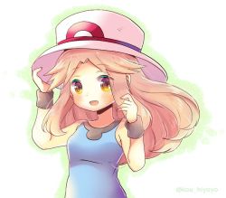 Rule 34 | 1girl, :d, arm up, bare shoulders, blue shirt, blush, breasts, brown eyes, commentary request, creatures (company), fingernails, game freak, hair flaps, hand on headwear, hat, kou hiyoyo, leaf (pokemon), light brown hair, long hair, nintendo, open mouth, parted bangs, pokemon, pokemon frlg, shirt, sidelocks, sleeveless, sleeveless shirt, small breasts, smile, solo, twitter username, upper body, white hat, wristband