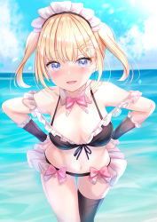 Rule 34 | 1girl, bare shoulders, bikini, black bikini, black thighhighs, blonde hair, blue eyes, blush, bow, bowtie, breasts, commentary, cowboy shot, day, detached sleeves, english commentary, frilled bikini, frills, hair ornament, hairclip, halterneck, hands on own hips, highres, hololive, hololive english, looking at viewer, maid, maid bikini, maid headdress, medium breasts, navel, ocean, open mouth, outdoors, pink bow, pink bowtie, short hair, single thighhigh, smile, solo, standing, stomach, swimsuit, thighhighs, two side up, unconventional maid, virtual youtuber, watson amelia, wrist cuffs, yuano