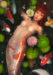 Rule 34 | 1girl, bare shoulders, breasts, brown eyes, fish, gills, ina wong, koi, lily pad, long hair, looking at viewer, looking up, mermaid, monster girl, partially submerged, red hair, signature, small breasts, water