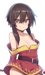 Rule 34 | 1girl, alternate breast size, bad id, bad twitter id, bare shoulders, belt, belt buckle, blush, breasts, brown belt, brown hair, buckle, chipa (arutana), closed mouth, collarbone, commentary request, dress, hair between eyes, highres, holding, holding staff, kono subarashii sekai ni shukufuku wo!, looking at viewer, medium breasts, megumin, no panties, off-shoulder dress, off shoulder, red dress, red eyes, short hair with long locks, sidelocks, simple background, smile, solo, split mouth, staff, upskirt, white background