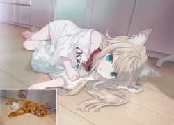 Rule 34 | 1girl, 40hara, animal collar, blonde hair, cat, cat girl, closed mouth, collar, creature and personification, green eyes, kinako (40hara), kitchen, long hair, lying, on floor, on side, original, shirt, white shirt