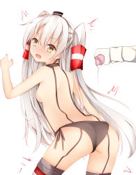 Rule 34 | 10s, 1girl, absurdres, amatsukaze (kancolle), ass, black panties, blush, brown eyes, gloves, hairband, highres, jyt, kantai collection, long hair, looking back, lube, panties, side-tie panties, silver hair, simple background, solo, topless, two side up, underwear, underwear only, white background