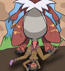 Rule 34 | 1boy, 1girl, absurdres, ahegao, arms up, bestiality, black hair, blush, bracelet, breasts, clothed sex, creatures (company), dark-skinned female, dark skin, dinosaur, full body, functionally nude, game freak, gen 6 pokemon, hetero, high heels, highres, jewelry, large insertion, lips, lipstick, lying, makeup, medium breasts, moaning, nature, navel, necklace, nintendo, nipples, olivia (pokemon), on back, on ground, open mouth, open shoes, outdoors, penis, pink footwear, pokemon, pokemon (creature), pussy, rolling eyes, sex, short hair, shorts, size difference, skindentation, spread legs, stomach bulge, thighs, tongue, tongue out, torn clothes, torn shorts, tyrantrum, uncensored, upside-down, vaginal