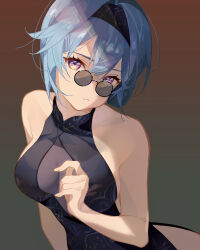 Rule 34 | 1girl, absurdres, alternate costume, bare shoulders, black-framed eyewear, black dress, black hairband, blue hair, breasts, china dress, chinese clothes, cleavage, cleavage cutout, clothing cutout, collared dress, dress, eula (genshin impact), genshin impact, glasses, hair between eyes, hairband, highres, looking at viewer, medium breasts, medium hair, multicolored eyes, oriori 0201, petal print, pince-nez, pout, see-through, see-through cleavage, sideboob, sleeveless, sleeveless dress, solo, sunglasses, tassel, unkempt