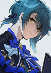 1boy black_ribbon blue_bow blue_hair book bow closed_mouth comcom_(comcomhey) commentary english_commentary genshin_impact hair_between_eyes hair_ribbon highres looking_at_viewer male_focus orange_eyes ponytail ribbon short_ponytail signature simple_background solo upper_body xingqiu_(bamboo_rain)_(genshin_impact) xingqiu_(genshin_impact)