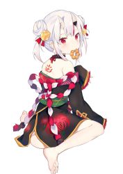 Rule 34 | 1girl, aged down, bare shoulders, bell, choker, double bun, doughnut, food, food in mouth, from side, hair bun, hair ornament, hair up, highres, hololive, horns, japanese clothes, kouhaku nawa, long sleeves, looking at viewer, mask, mask on head, multicolored hair, nakiri ayame, nakiri ayame (1st costume), nana kagura, obi, oni, panties, pon de ring, red eyes, red hair, rope, sash, shimenawa, silver hair, simple background, sitting, skin-covered horns, sleeves past wrists, solo, streaked hair, tattoo, underwear, virtual youtuber, white background