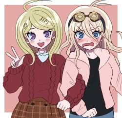 Rule 34 | 2girls, :d, ahoge, akamatsu kaede, antenna hair, black shirt, blonde hair, blue eyes, blush, border, breasts, buttons, commentary, danganronpa (series), danganronpa v3: killing harmony, esu (tasoesu), fortissimo, goggles, goggles on head, hair between eyes, hair ornament, highres, iruma miu, jacket, large breasts, long hair, long sleeves, looking at viewer, multiple girls, musical note, musical note hair ornament, open clothes, open jacket, open mouth, pink background, plaid, plaid skirt, pleated skirt, purple eyes, red sweater, shirt, simple background, skirt, smile, sweat, sweater, symbol-only commentary, teeth, upper teeth only, w, white border